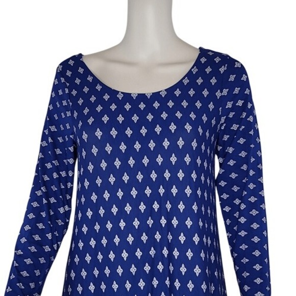 Loveappella Blue Patterned Long Sleeve Criss Cross‎ Open Back Dress - Picture 2 of 12